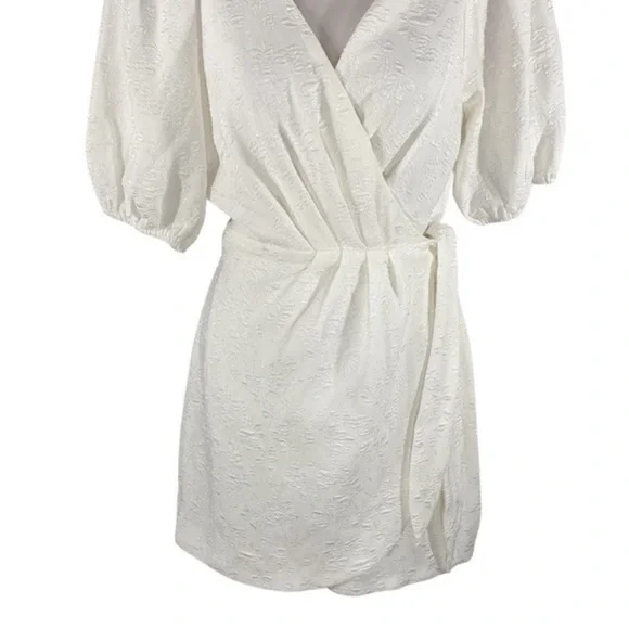 Lulu’s Still Dreaming White Jacquard Puff Sleeve Mini Wrap Dress OO16 - Picture 5 of 11